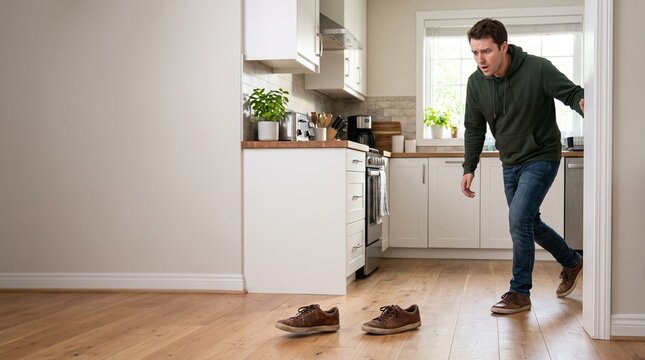 Surprised man enters a bright modern kitchen to discover a pair of brown leather shoes hovering magically above the floor