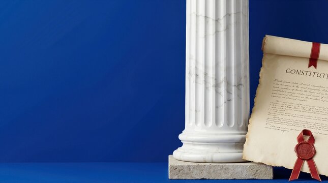 Classical marble column and constitution parchment scroll with red wax seal. Legal concept on blue background with copy space