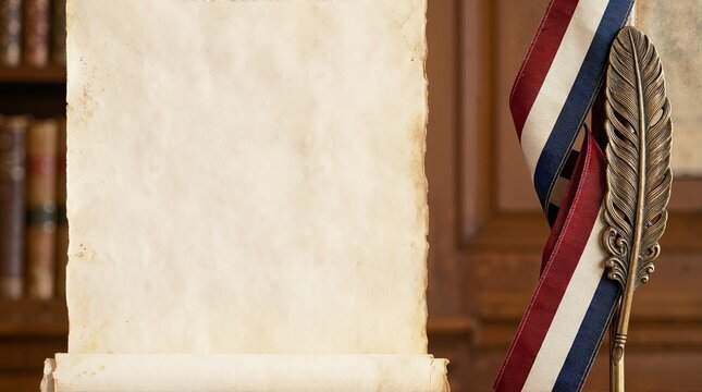 Blank parchment scroll next to bronze feather and patriotic ribbon. Mockup template on library background with copy space