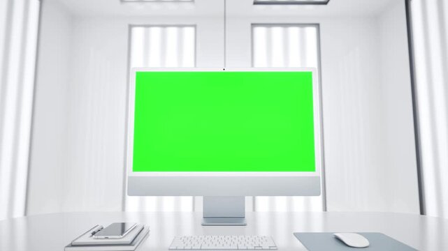 All in One Computer with Green Screen Mockup in Modern Laboratory Workspace