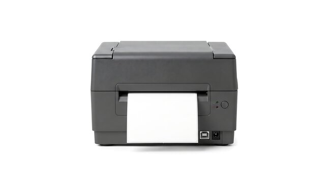 Modern desktop thermal label printer isolated on a clean white background for product display