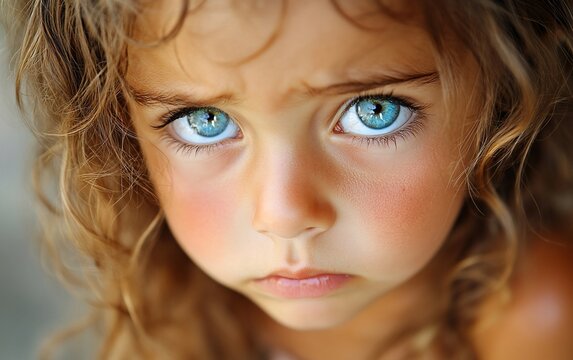 A close-up portrait of a young girl with blue eyes and rosy cheeks, looking directly at the camera with a serious expression.