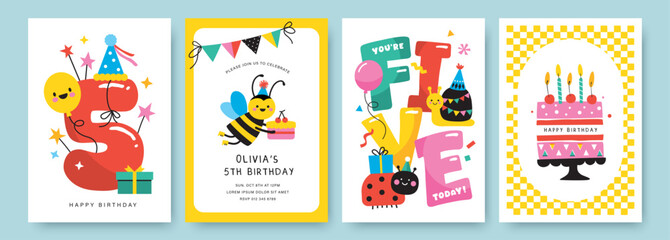 Fototapeta premium Set of 5th Birthday greeting card and birthday party invitation card with cute little bee, ladybug, snail, cake, balloon and typography design.