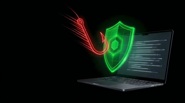 Cybersecurity phishing protection concept, glowing green shield blocking red fishing hook on laptop, network security and data privacy defense