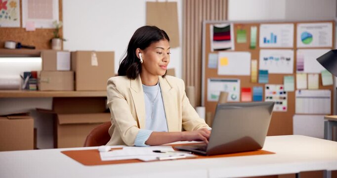 Woman, listening and music with earphones on laptop for audio streaming in business logistics. Happy, female person or dancing with sound, podcast or subscription for distribution schedule in office