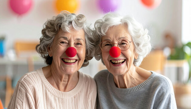 Carnival two elderly friends in matching clown noses laughing together in decorated activity room generative AI