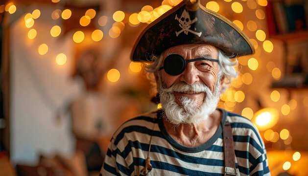 Carnival grandfather in striped pirate costume and eye patch smiling playfully in decorated room generative AI