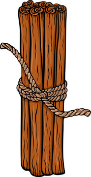 Bundle of cinnamon sticks tied with twine. Aromatic spice for culinary or festive themes. Simple vector color illustration with outline in hand drawn style isolated on white