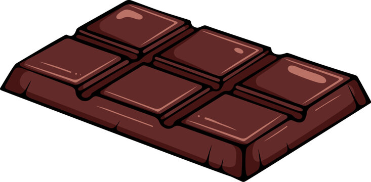 Small chocolate bar with six squares. Sweet dessert element. Simple vector color illustration with outline in hand drawn style isolated on white