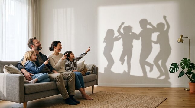 Happy parents and their young children sitting together on comfortable gray sofa while pointing at playful shadow dance on wall