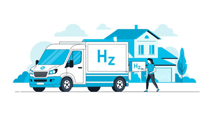 Obraz premium Hydrogen Fuel Cell Delivery Van Vector Illustration: Sustainable Logistics and Eco-Friendly Green Energy Transportation to Residential House