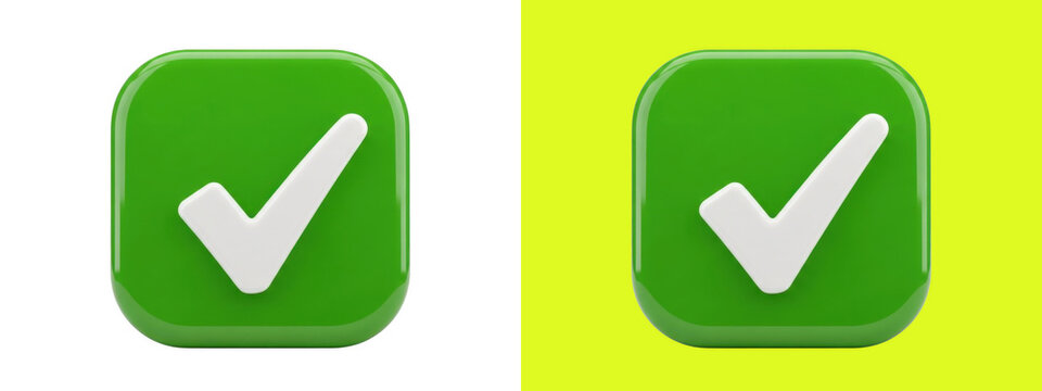 3D green glossy check mark icon rendering