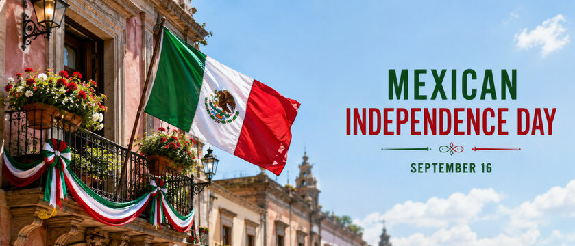 Mexican independence day celebration with flag on historic building