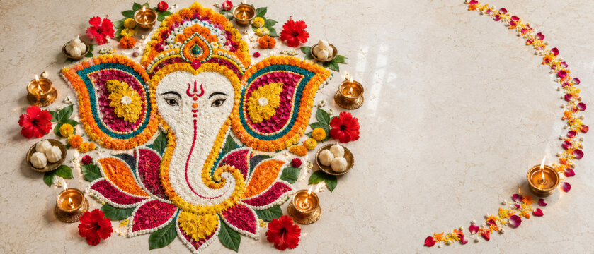 Ganesh Chaturthi rangoli background with floral design and candles on textured surface