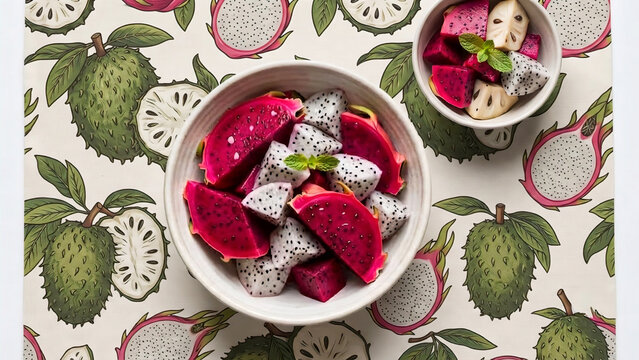 Exotic tropical fruit bowls with sliced dragon fruit and soursop on a hand-drawn botanical background pattern

