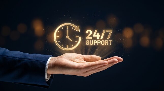 A glowing clock face with the text 24 7 support floats above a human hand illuminated against a dark backdrop assistance