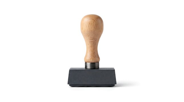 A traditional rectangular wooden rubber stamp isolated on a clean white background for business document marking