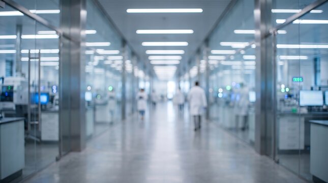 Modern medical research laboratory hallway with scientists walking and glass partitions