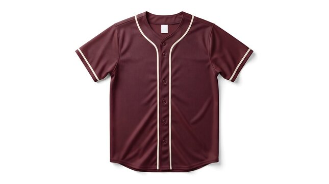 Blank maroon baseball jersey shirt with white piping isolated on a plain white studio background for design
