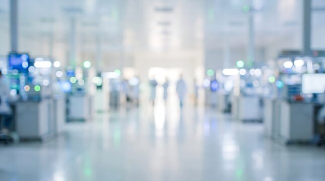 Abstract blurred background of a modern industrial manufacturing factory hall with equipment and workers