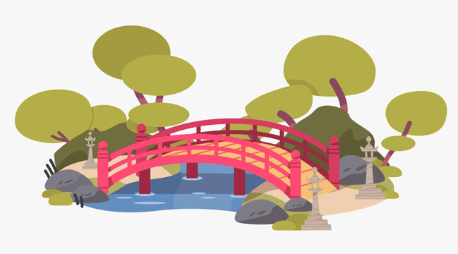 Asian garden landscape with red arched bridge over water pond. Flat design style