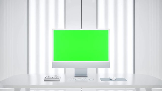 All in One Computer with Green Screen Mockup in Modern Laboratory Workspace
