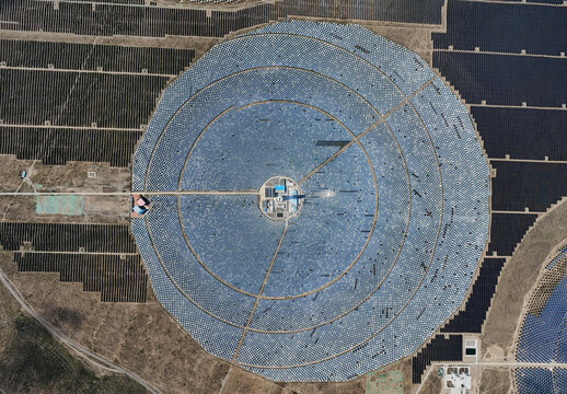 aerial view of solar thermal power tower facility