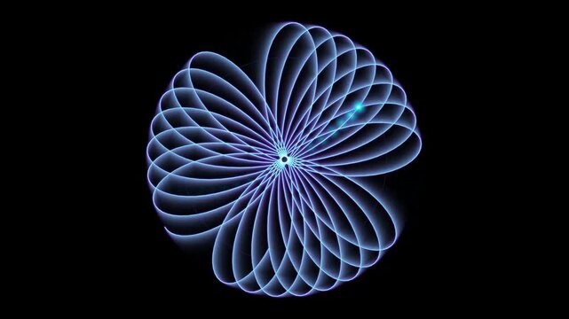 Glowing blue light spirograph pattern forming a symmetrical floral shape on a dark black background representing motion and energy 4k Motion Video