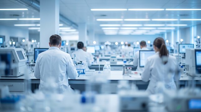 Modern scientific research laboratory with scientists working on computers and analyzing clinical data