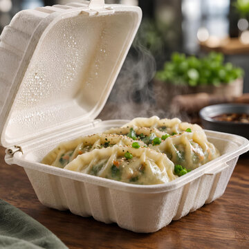 Steaming Dumplings in Eco Friendly Takeout Container with Garnish