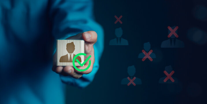 Human resources recruitment concept, candidate selection with a qualified employee highlighted among multiple profiles. Hiring, talent acquisition, recruitment, employee screening and HR management.