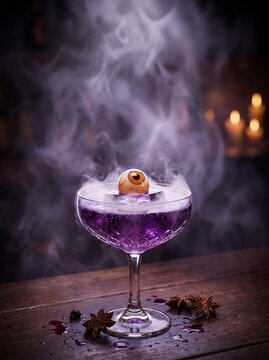 Spooky Purple Halloween Cocktail with Floating Eyeball and Dry Ice Smoke