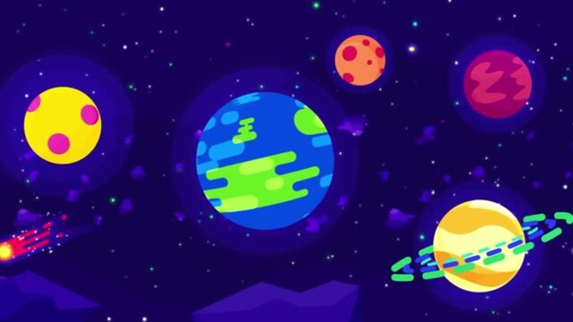 Cute Cute Cartoon Solar System Planets and Shooting Stars Space Motion Graphic Background