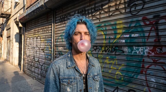 Blue Haired Man Blowing Bubble Gum: A young man with vibrant blue hair and a denim jacket stands in an urban alleyway, blowing a pink bubblegum bubble.