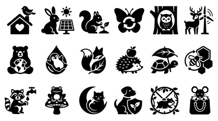 Fototapeta premium Set of environmental and wildlife silhouette icons featuring diverse forest animals and nature protection symbols for eco-friendly design projects