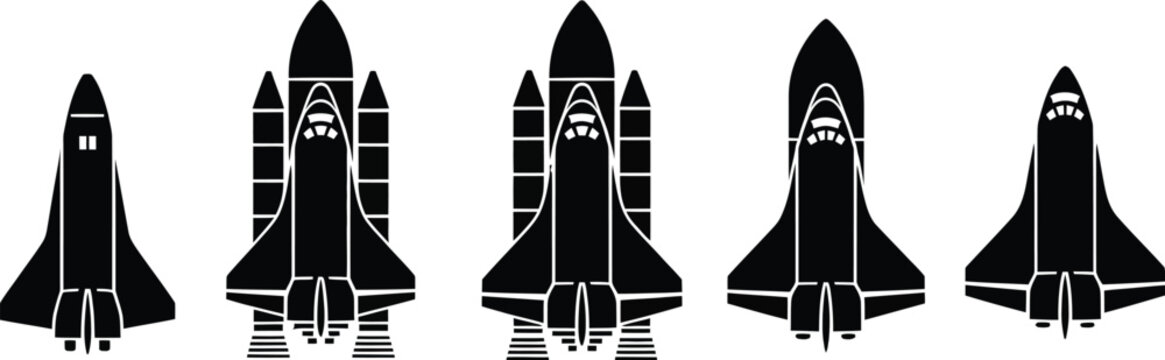 Rocket silhouette icon set featuring rockets, space shuttles and missile silhouettes for aerospace technology, science, exploration and transport design