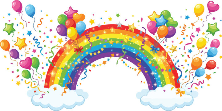 Colorful rainbow arch with balloons confetti and clouds celebrating on white background