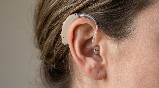 Close up of a modern beige behind the ear hearing aid worn by a person for hearing assistance