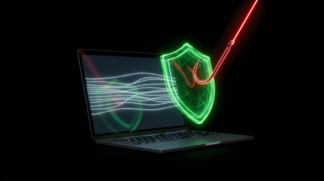 Cybersecurity phishing attack concept with neon fishing hook and green shield, laptop data protection and network security, digital fraud prevention