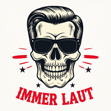 Grinning skull with pompadour hairstyle and sunglasses above bold German rockabilly lettering emblem generative AI
