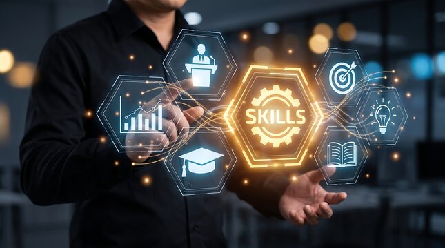 Hexagonal icons representing skills education and analytics are displayed in a futuristic digital presentation hexagon technology learning growth development expertise knowledge