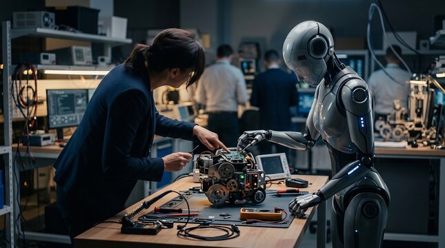 Female engineer and humanoid robot working on a mechanical prototype in a high-tech laboratory