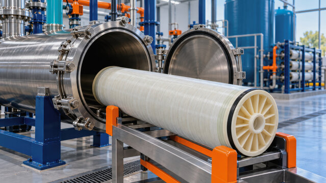 Industrial reverse osmosis membrane filter element inside stainless steel pressure vessel in water treatment plant