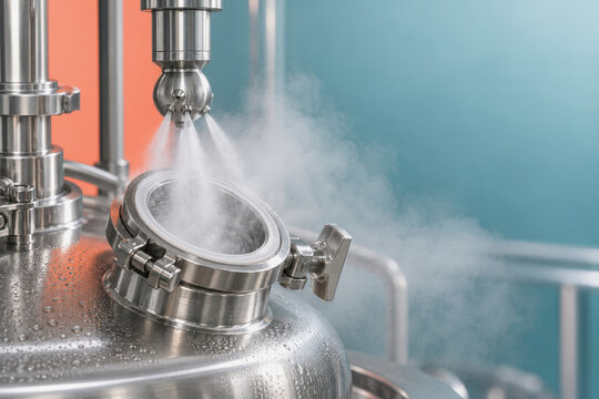 Industrial tank cleaning machine with rotating spray nozzle inside brewery fermenter tank