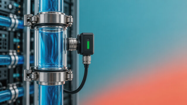 Liquid cooling pipe system with digital flow meter and blue coolant in server room
