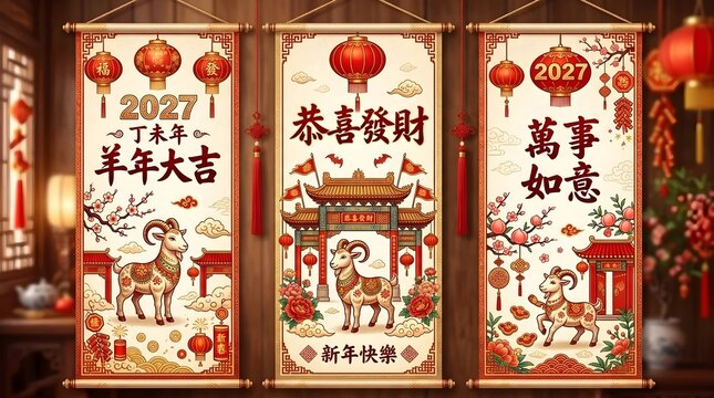 Three traditional Chinese New Year 2027 hanging scrolls featuring the zodiac goat, red lanterns, and floral motifs with festive calligraphy for lunar new year celebration and prosperity.