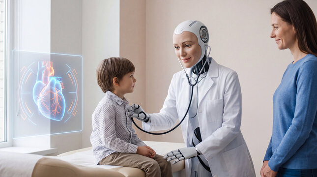 Humanoid robot pediatrician examining a little boy with stethoscope in front of his mother