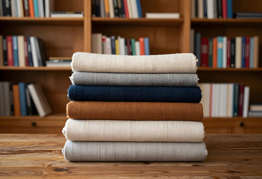 Interior design and home decor, stack of folded fabric textiles and upholstery samples on a wooden table in a library with blurred bookshelves
