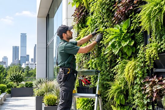 Gardener Pruning Vertical Wall with Lush Greenery in Urban Setting