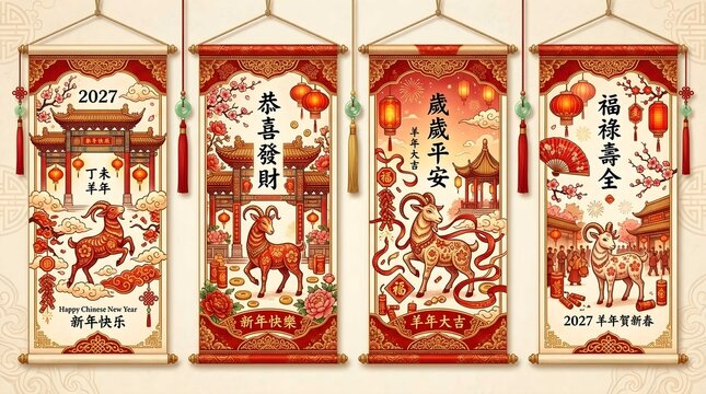 Set of four traditional Chinese New Year 2027 hanging scrolls celebrating the Year of the Goat with golden ram illustrations, festive red lanterns, cherry blossoms, and classic oriental calligraphy.